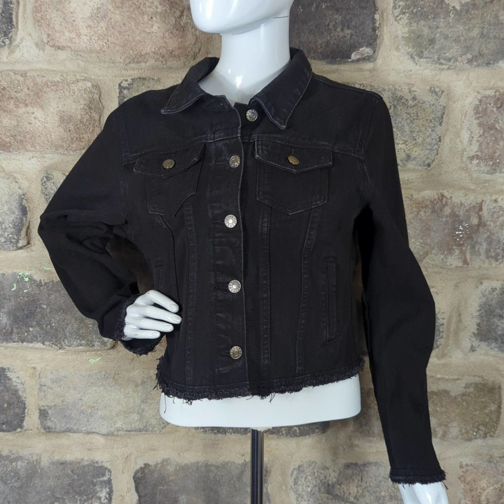 NO Brand Black Denim Jean‎ Jacket Woman's Size Small Button Up Raw Hem Button up
